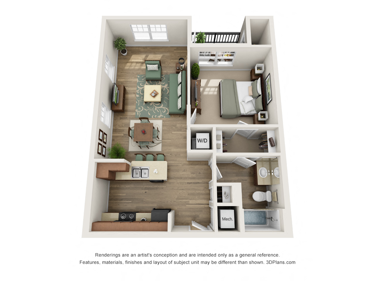 Floor plan for 1 bed, 1 bath, 771 sqft